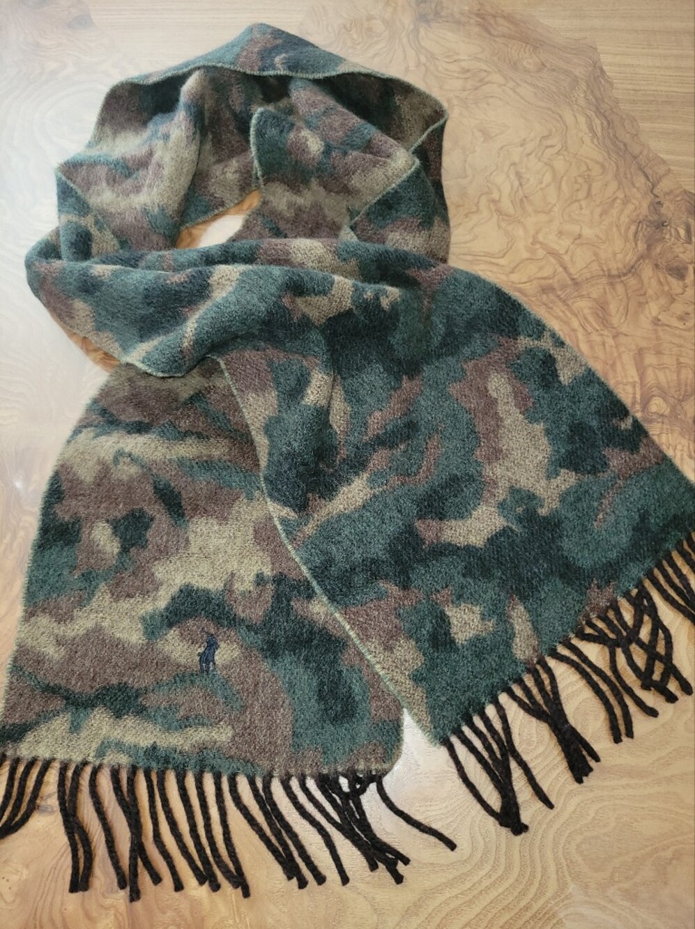 Polo Ralph Lauren Camo Scarf Made in Italy Lambswool Blend Fringed Woodland